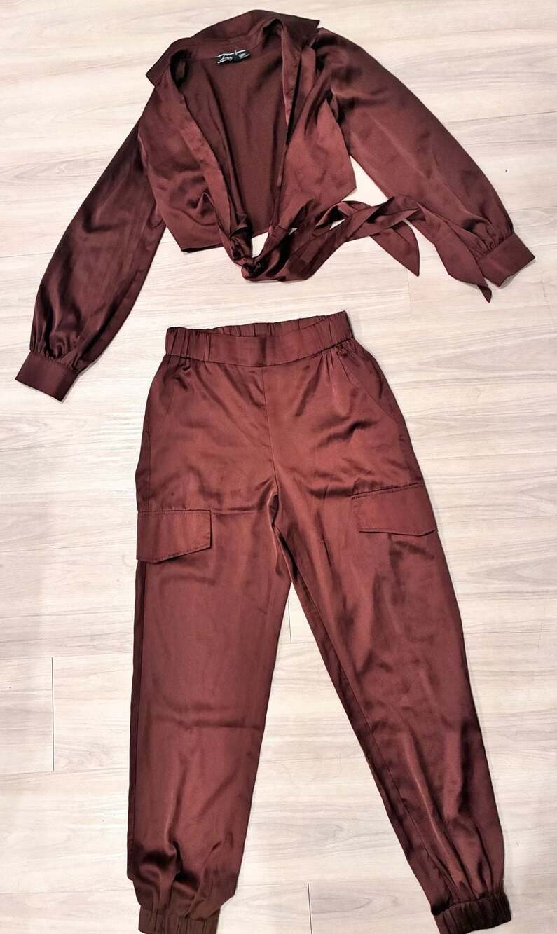 Love University Satin Two-Piece Set Size S Brown Tie-Front Top and Pants